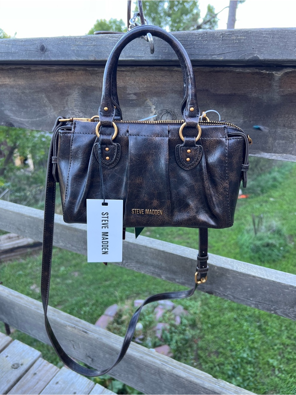 Steve Madden Black Distressed Leather Mini Satchel with Gold Hardware scarf/pom